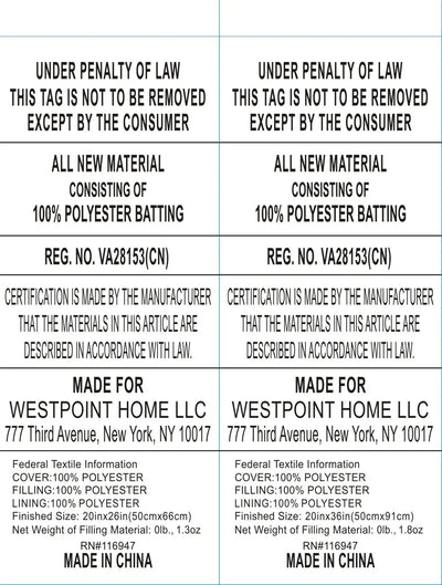 A square product information label with four quadrants of black text on a white background, detailing material composition, certification, manufacturer information for Westpoint Home LLC, and a Made in China statement.