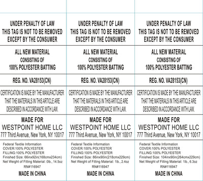 Multiple labels with text and branding for Westpoint Home LLC on a white background