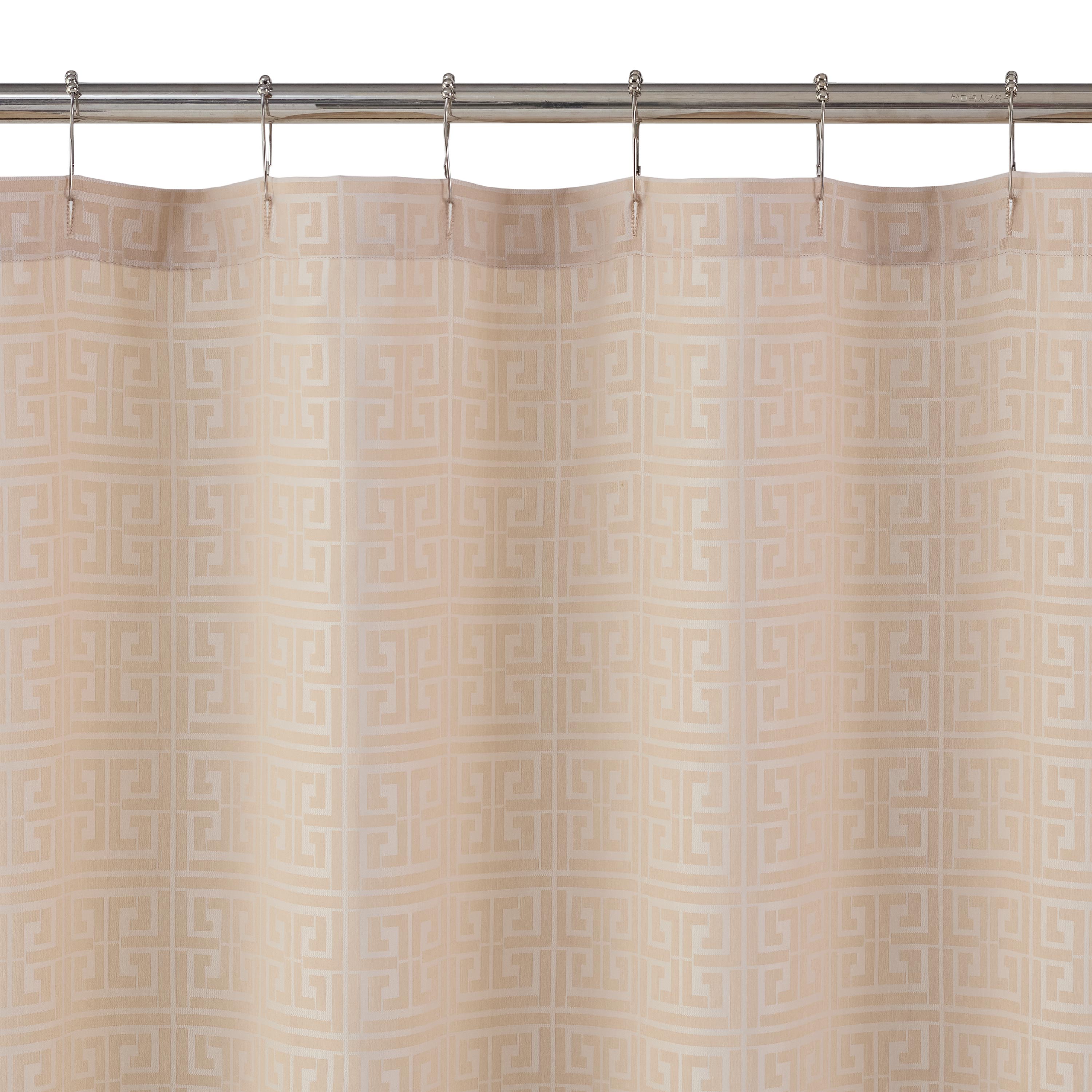 Shower curtain featuring a geometric pattern in soft beige tones, with metal hooks for hanging.