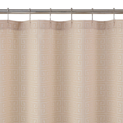 Shower curtain featuring a geometric pattern in soft beige tones, with metal hooks for hanging.