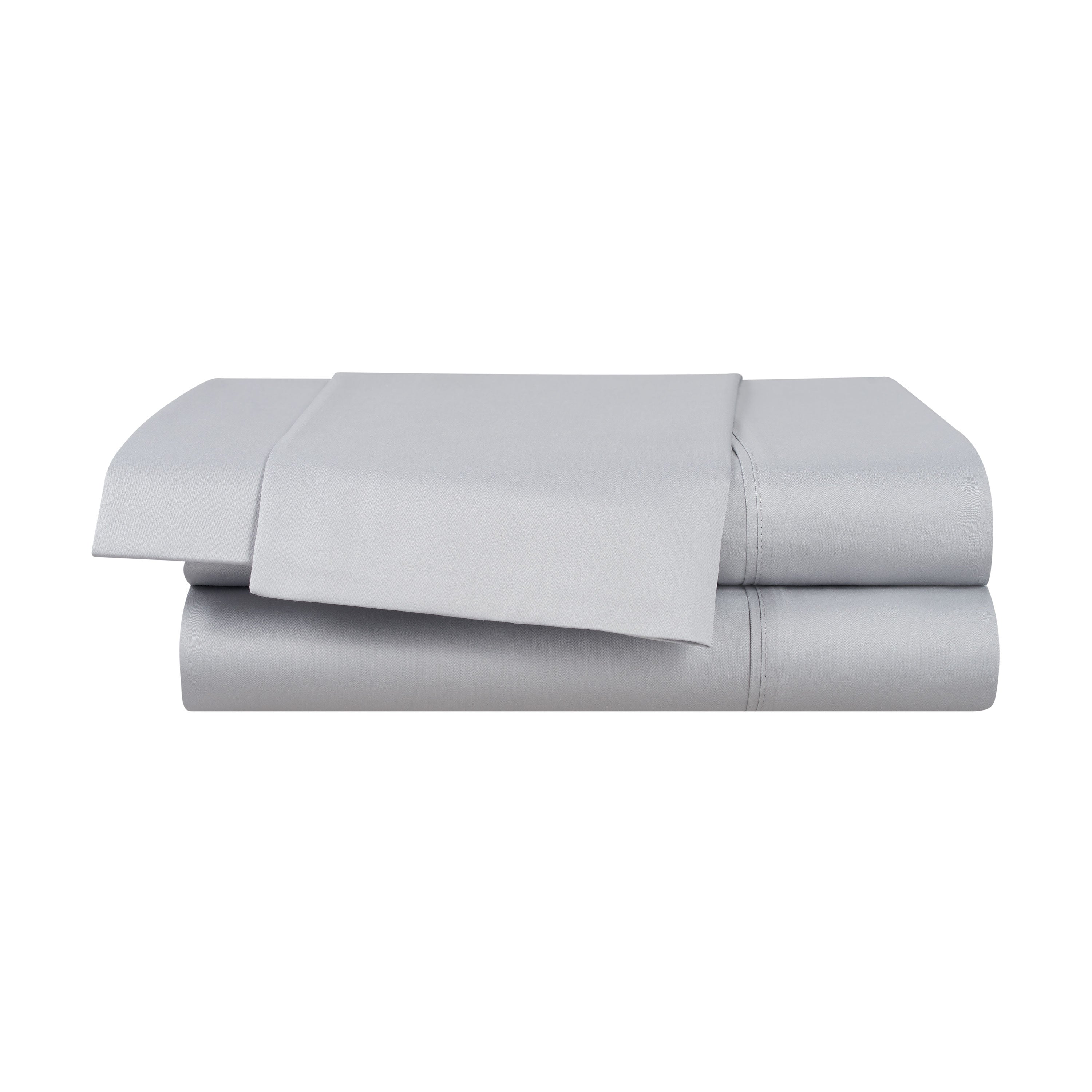 Solid gray cotton and Tencel sheet set, includes fitted sheet, flat sheet, and pillowcases.