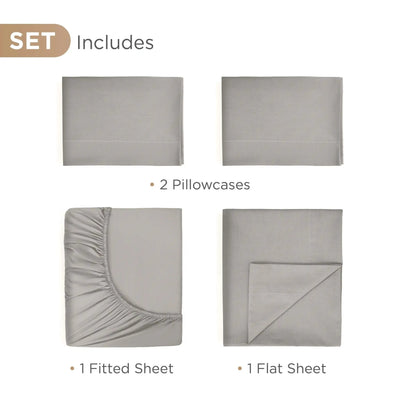 Set of bedding includes two pillowcases, a fitted sheet, and a flat sheet on a white background.