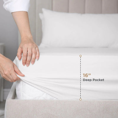 Person adjusting a fitted sheet on a bed with a measurement label indicating a 16-inch deep pocket.