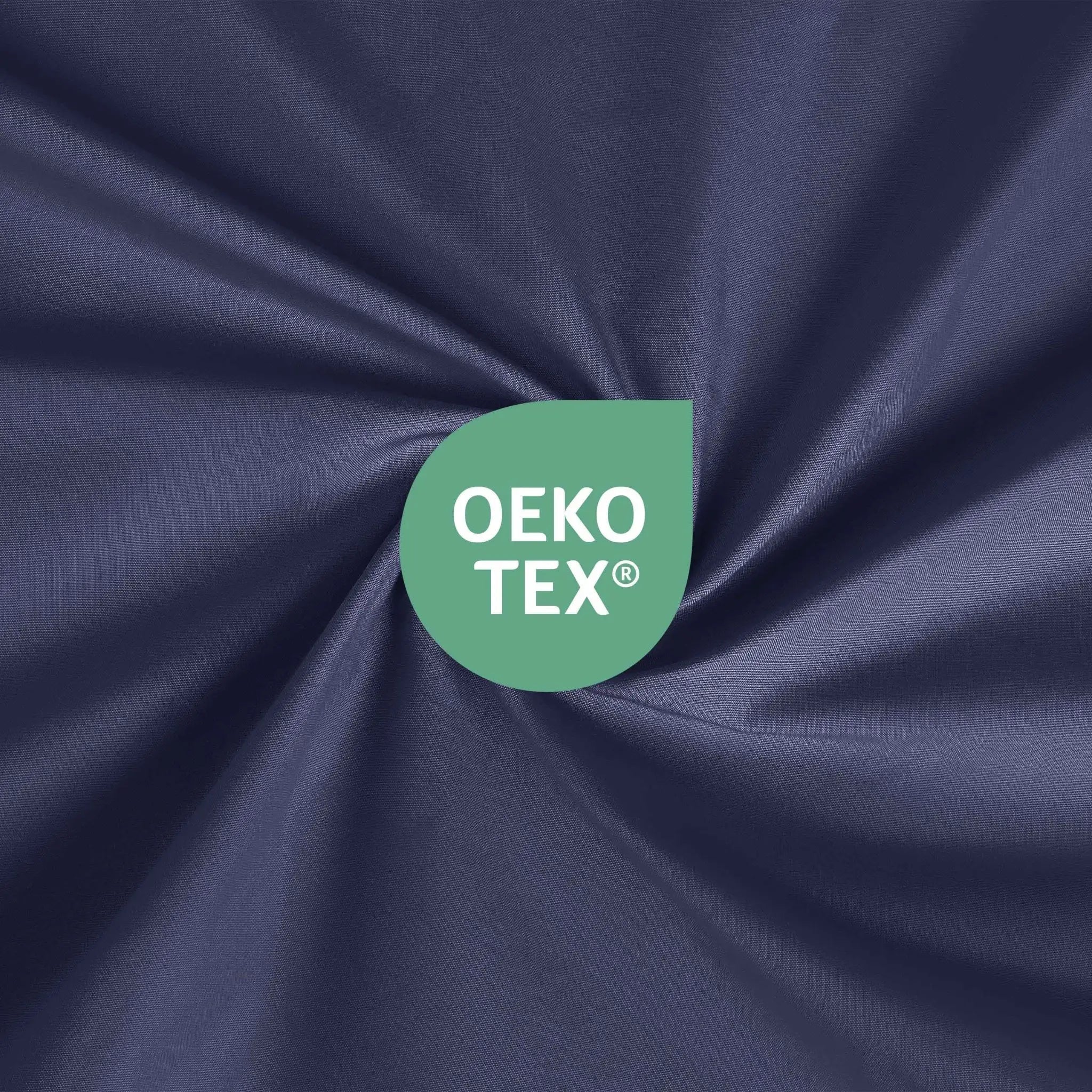 Oeko-Tex logo on a navy fabric background