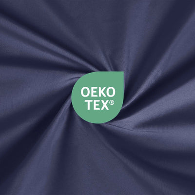 Oeko-Tex logo on a navy fabric background
