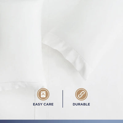 White pillowcase and sheet set with two circular icons at the bottom reading 'EASY CARE' and 'DURABLE' on a clean white background.