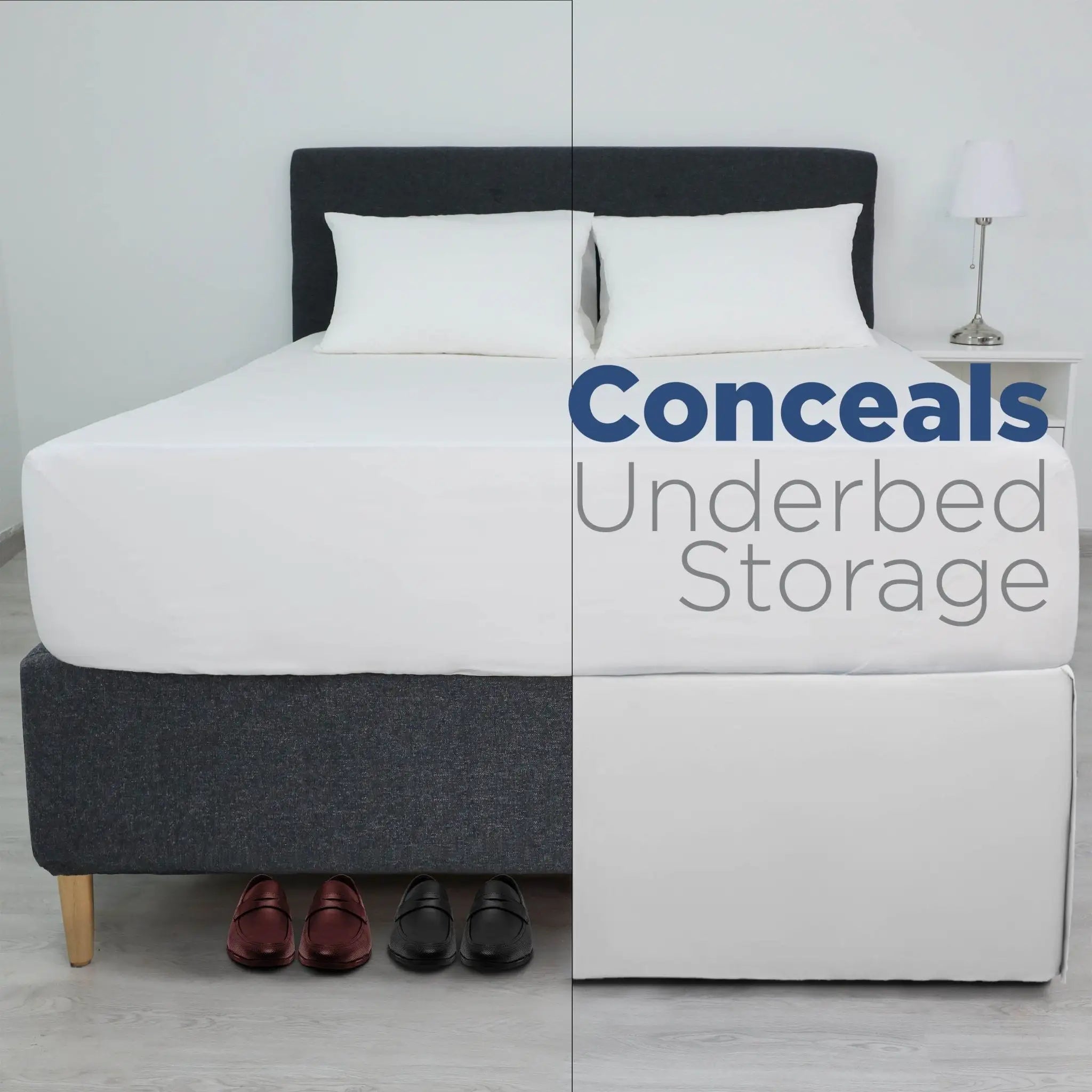 Bed skirt with underbed storage labeled 'Conceals Underbed Storage'.