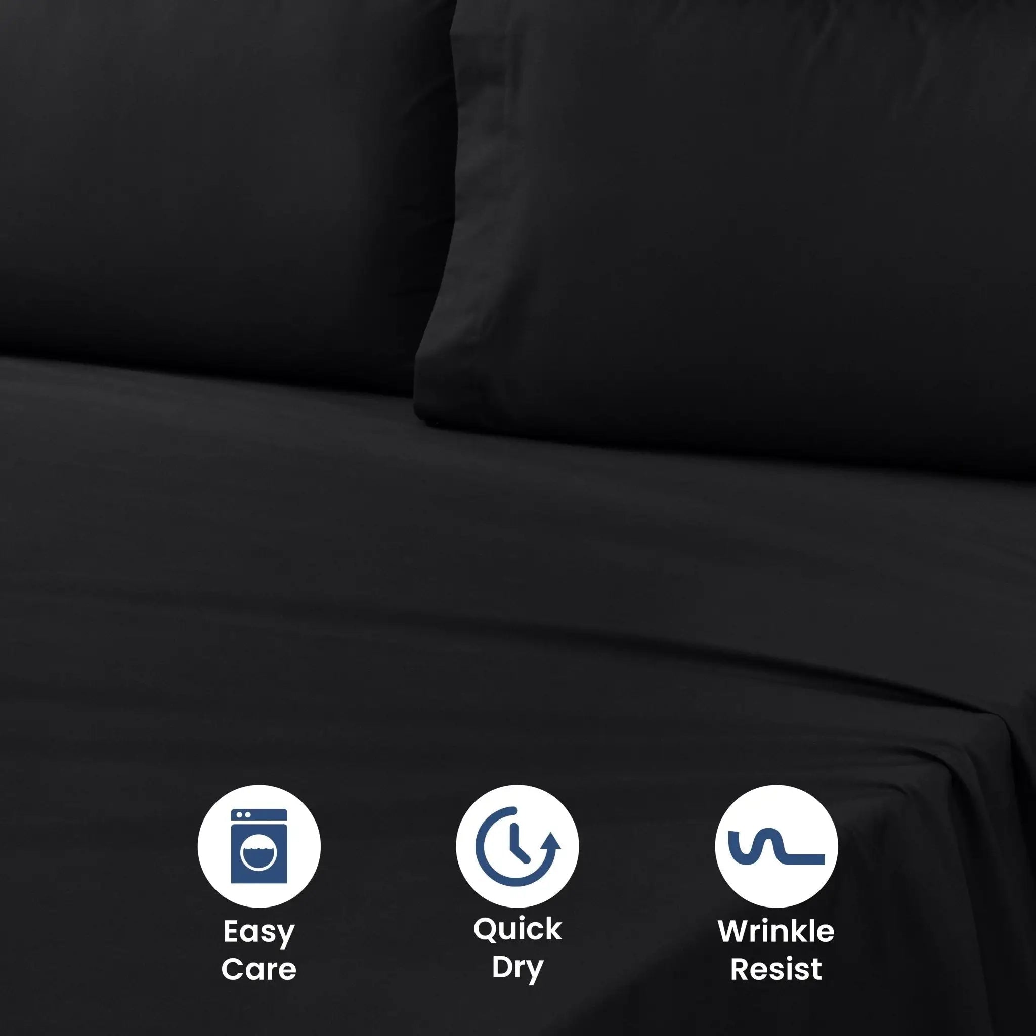 Black bed sheets with care icons indicating easy care, quick dry, and wrinkle resist on a dark background.