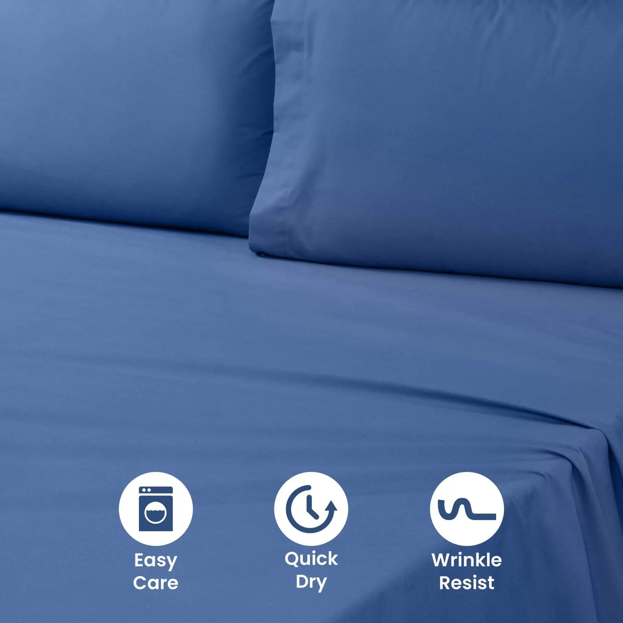 Blue bed sheet set with matching pillowcases on a bed, featuring three white circular icons at the bottom highlighting easy care, quick dry, and wrinkle resistant properties.