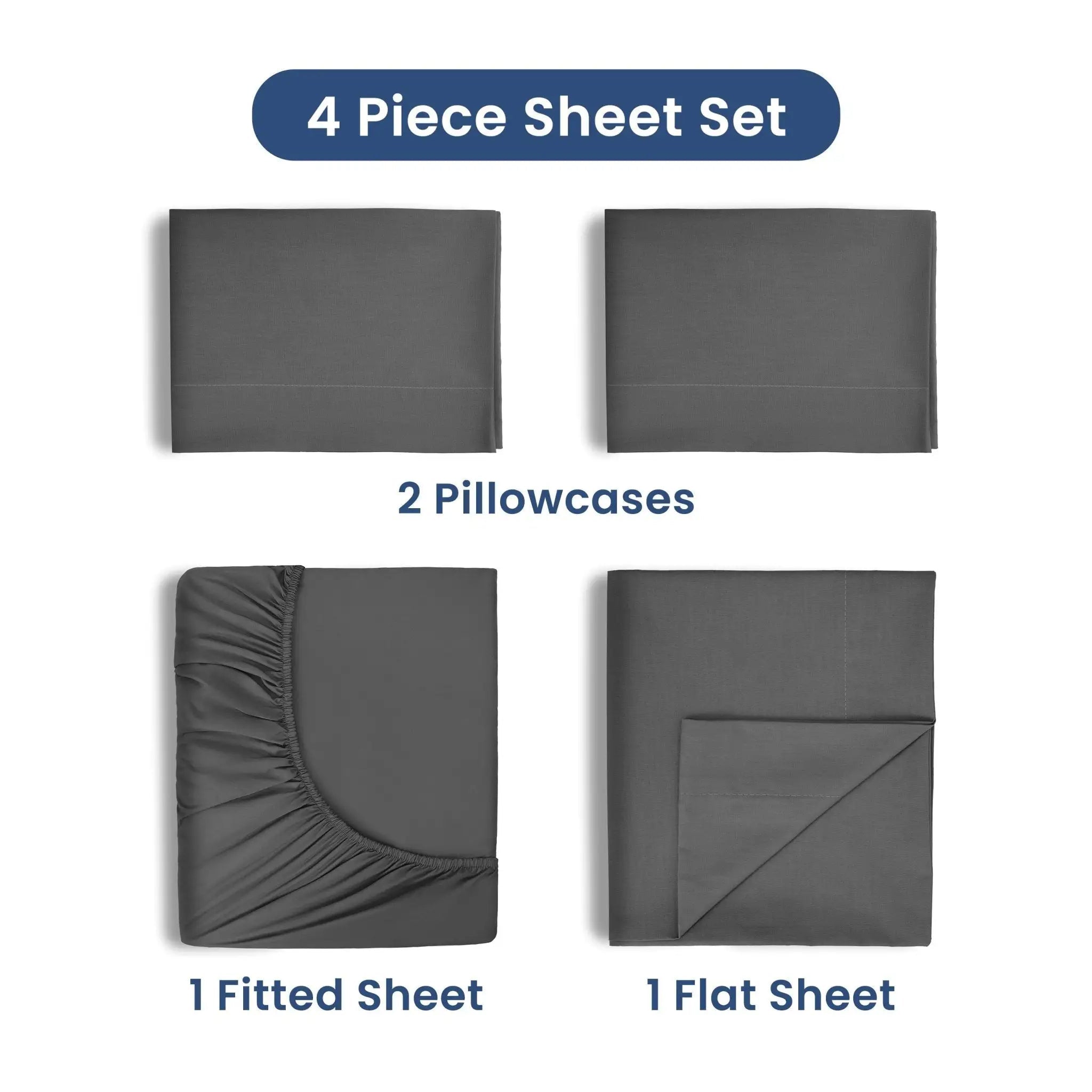 4-piece sheet set with 2 pillowcases, 1 fitted sheet, and 1 flat sheet on a white background.