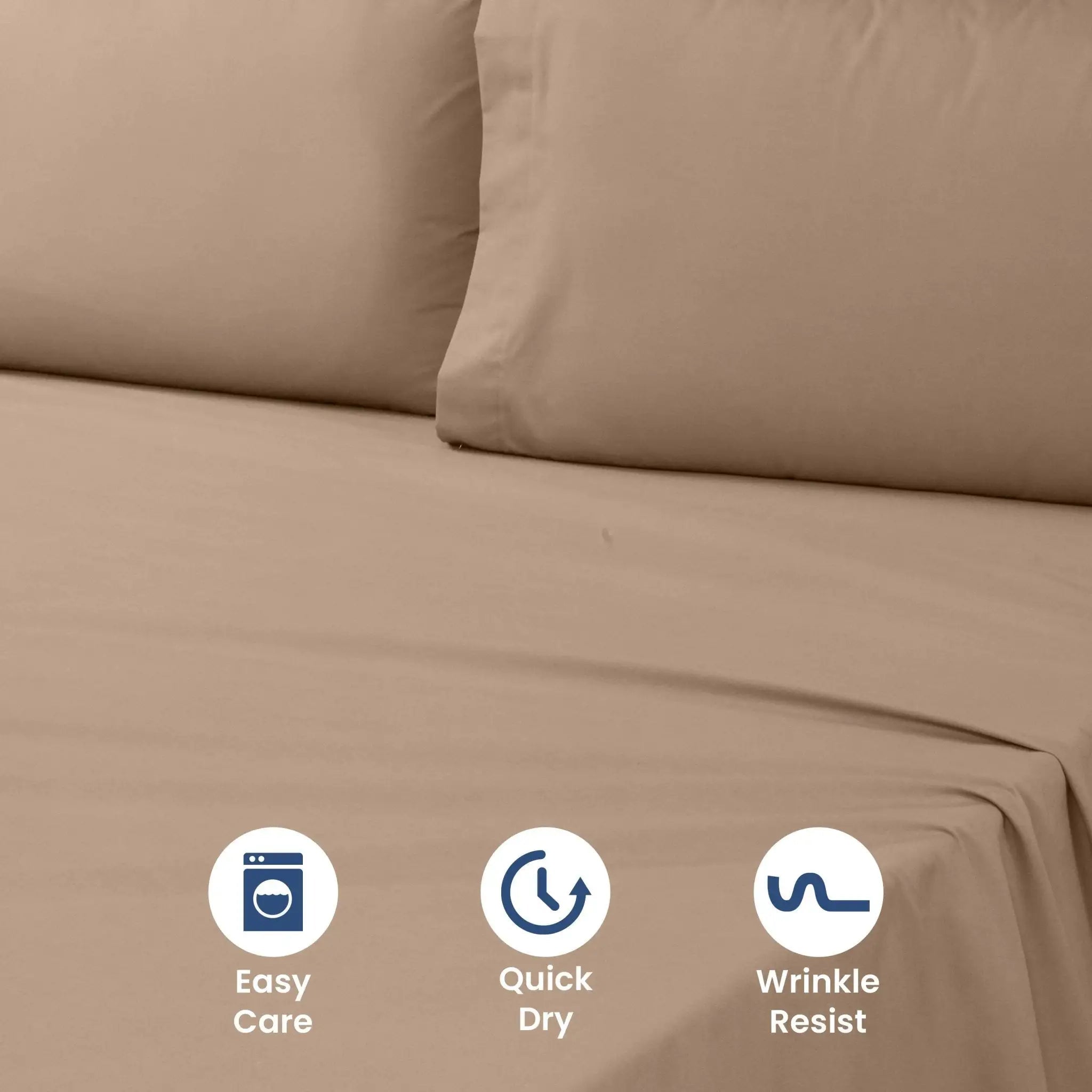 Brown bed sheets with care icons indicating easy care, quick dry, and wrinkle resist on a beige background.