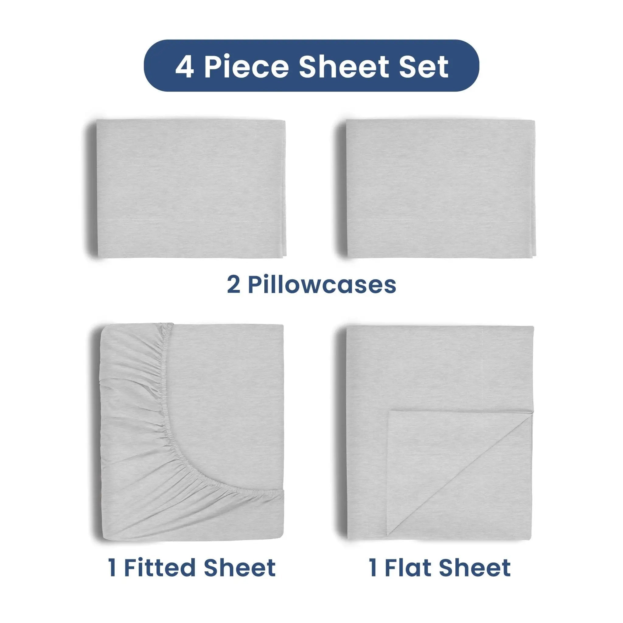 4-piece sheet set with two pillowcases, a fitted sheet, and a flat sheet on a white background.