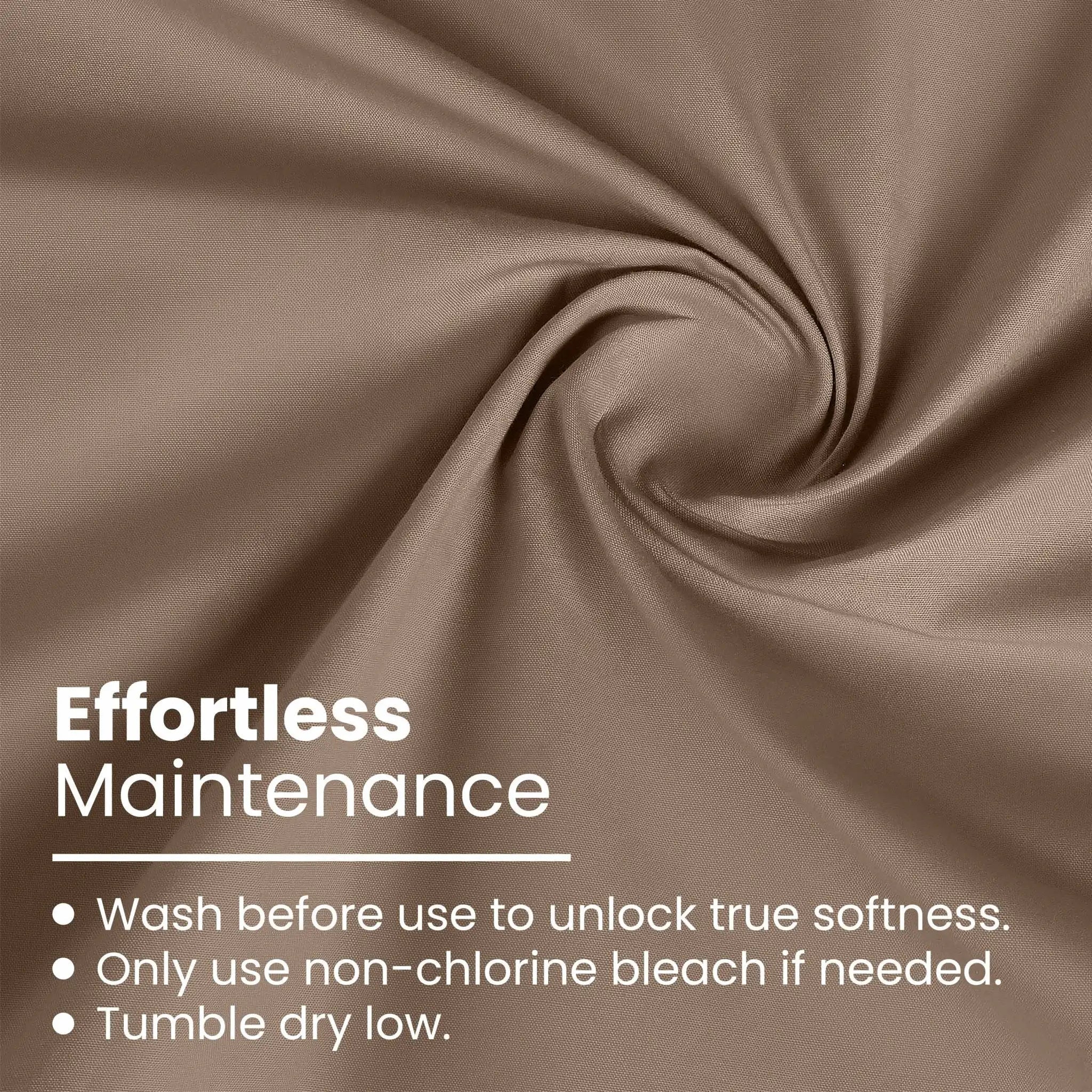 A close-up of draped taupe-brown fabric with a swirl pattern and overlaid text reading 'Effortless Maintenance' with care instructions below.