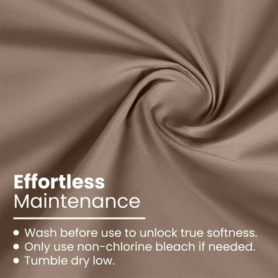A close-up of draped taupe-brown fabric with a swirl pattern and overlaid text reading 'Effortless Maintenance' with care instructions below.