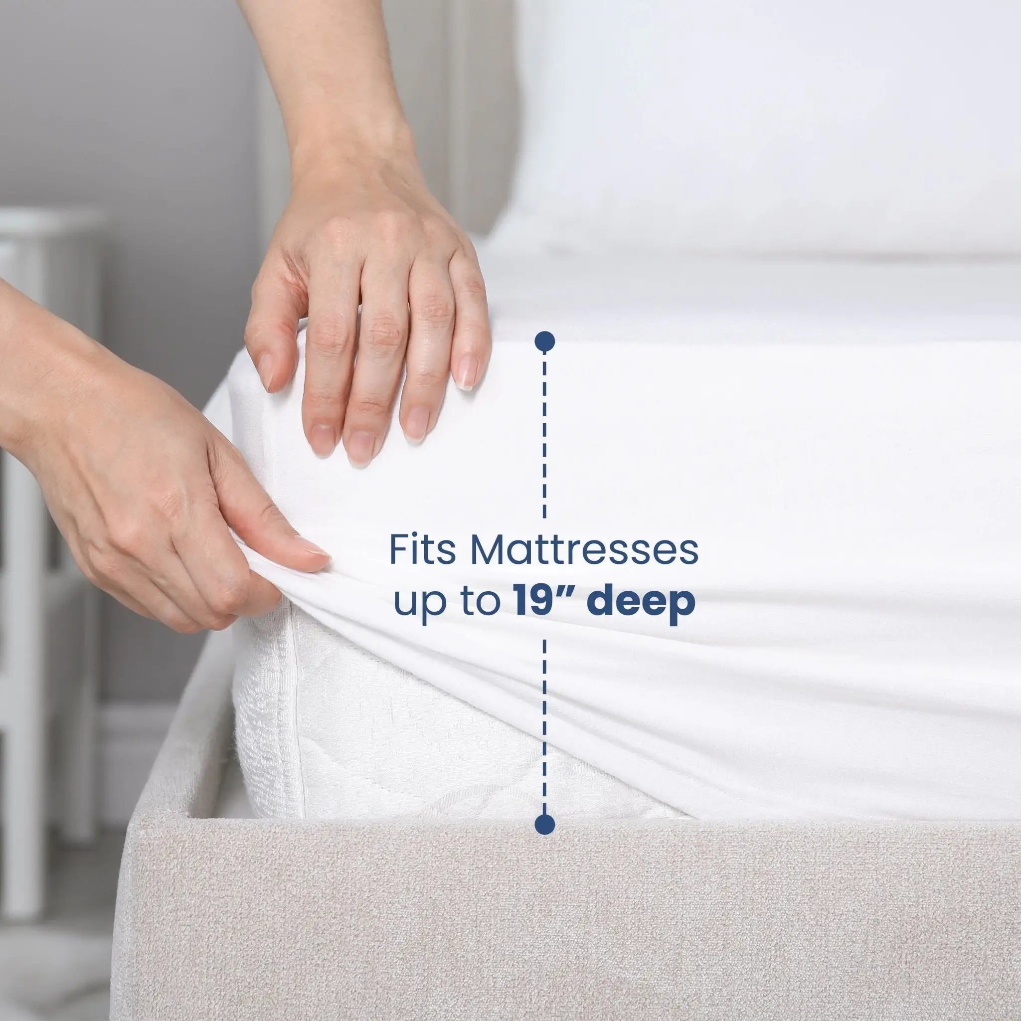 A close-up of a person's hands pulling a white fitted sheet off a mattress, with overlaid text reading 'Fits Mattresses up to 19" deep' and a vertical dotted measurement guide.