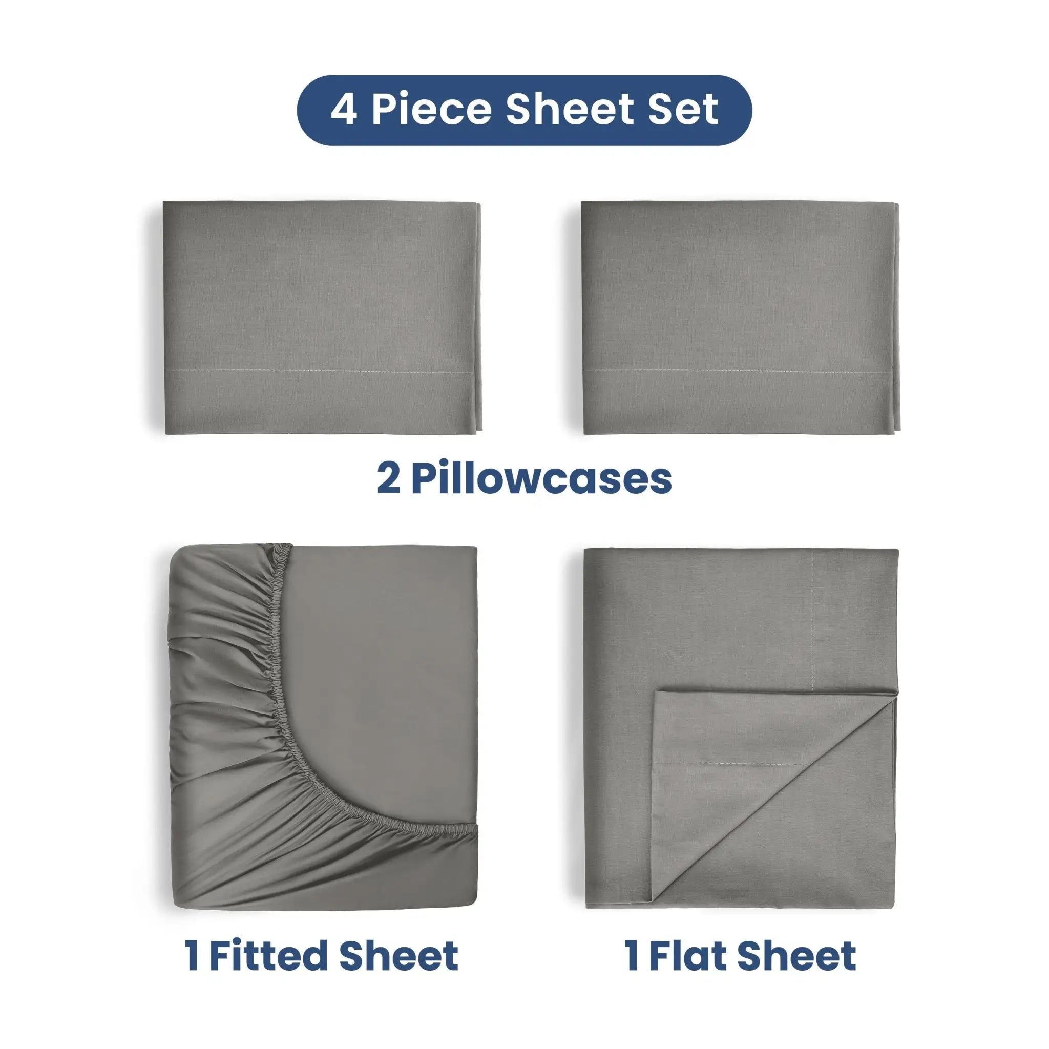 4-piece sheet set with two pillowcases, a fitted sheet, and a flat sheet on a white background.