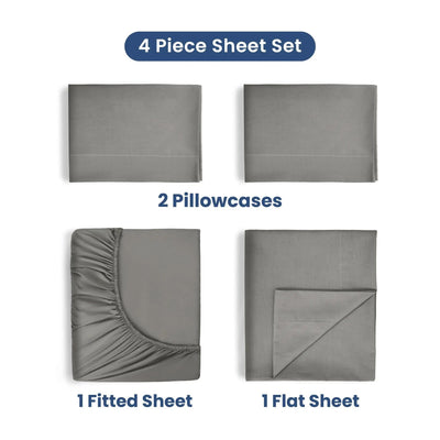 4-piece sheet set with two pillowcases, a fitted sheet, and a flat sheet on a white background.