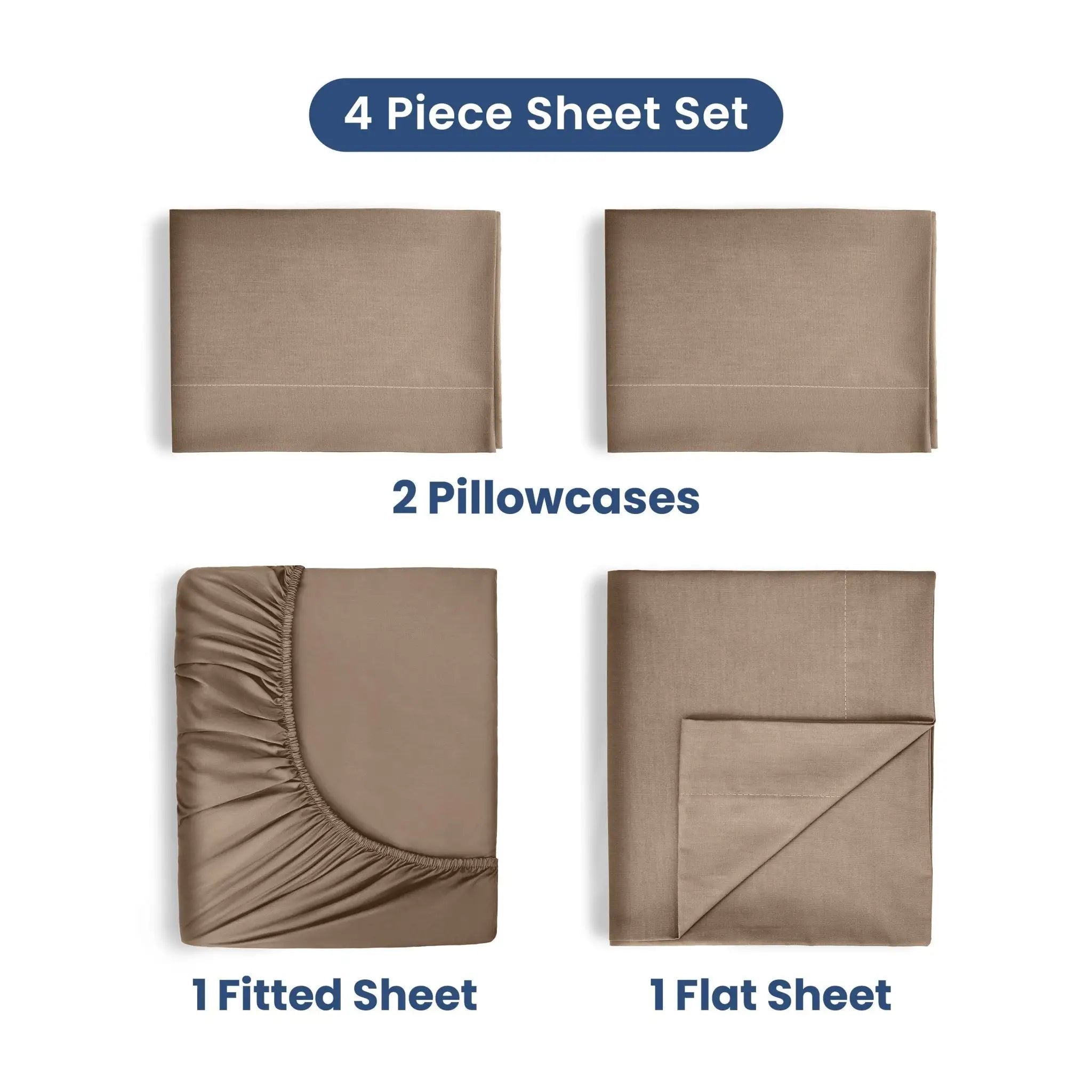 4-piece sheet set with two pillowcases, a fitted sheet, and a flat sheet on a white background.