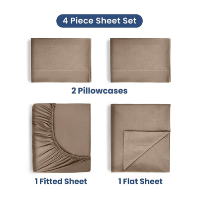 4-piece sheet set with two pillowcases, a fitted sheet, and a flat sheet on a white background.