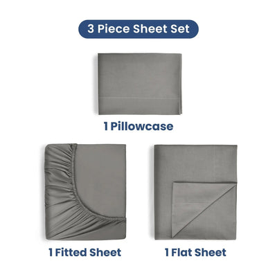 3-piece sheet set with a pillowcase, fitted sheet, and flat sheet on a white background.