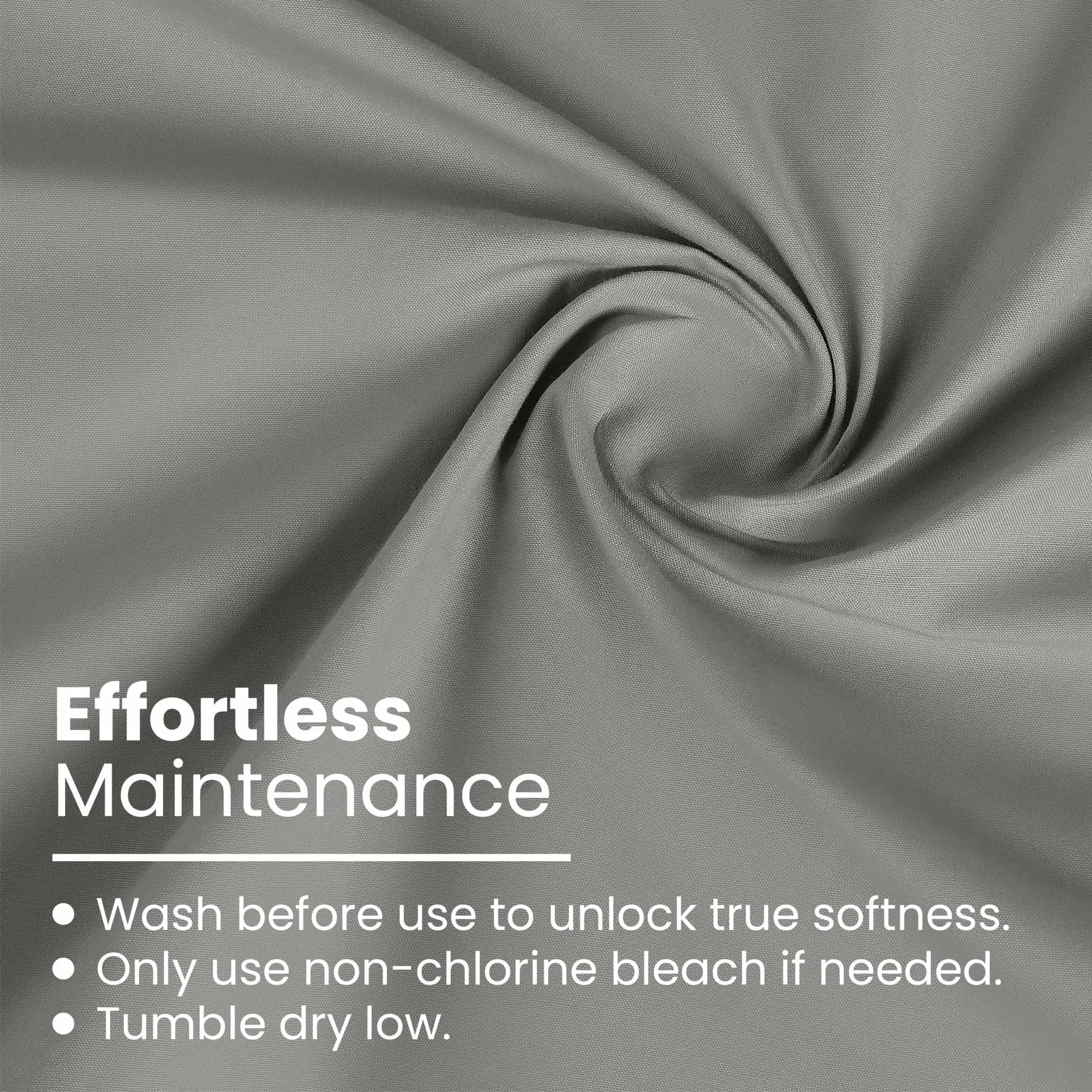 Gray fabric with text on effortless maintenance and care instructions.