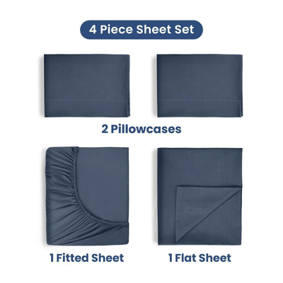 4-piece navy blue sheet set with two pillowcases, a fitted sheet, and a flat sheet on a white background.