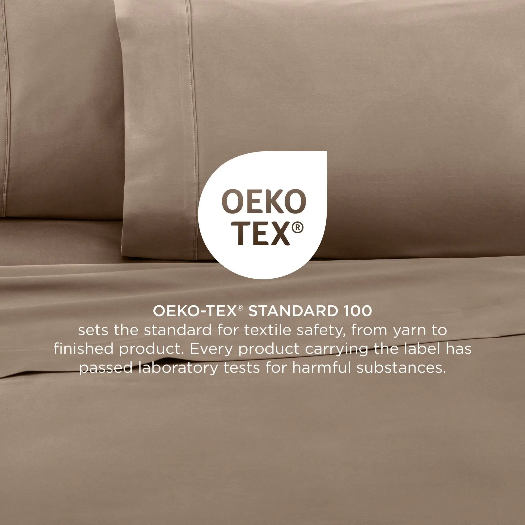 Brown bed sheets with OEKO-TEX certification label on a bed.