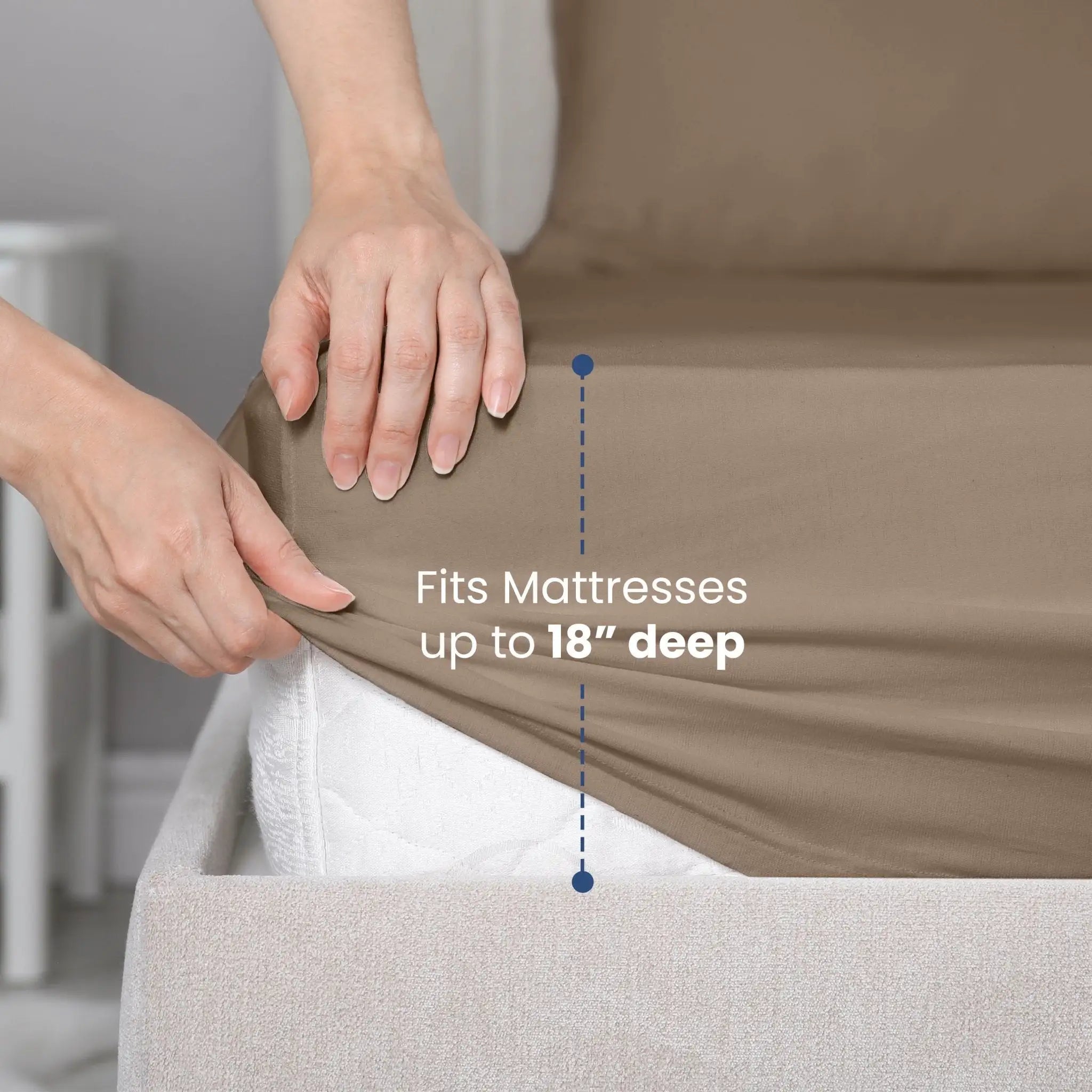 Brown fitted sheet being adjusted on a mattress with text indicating depth compatibility.