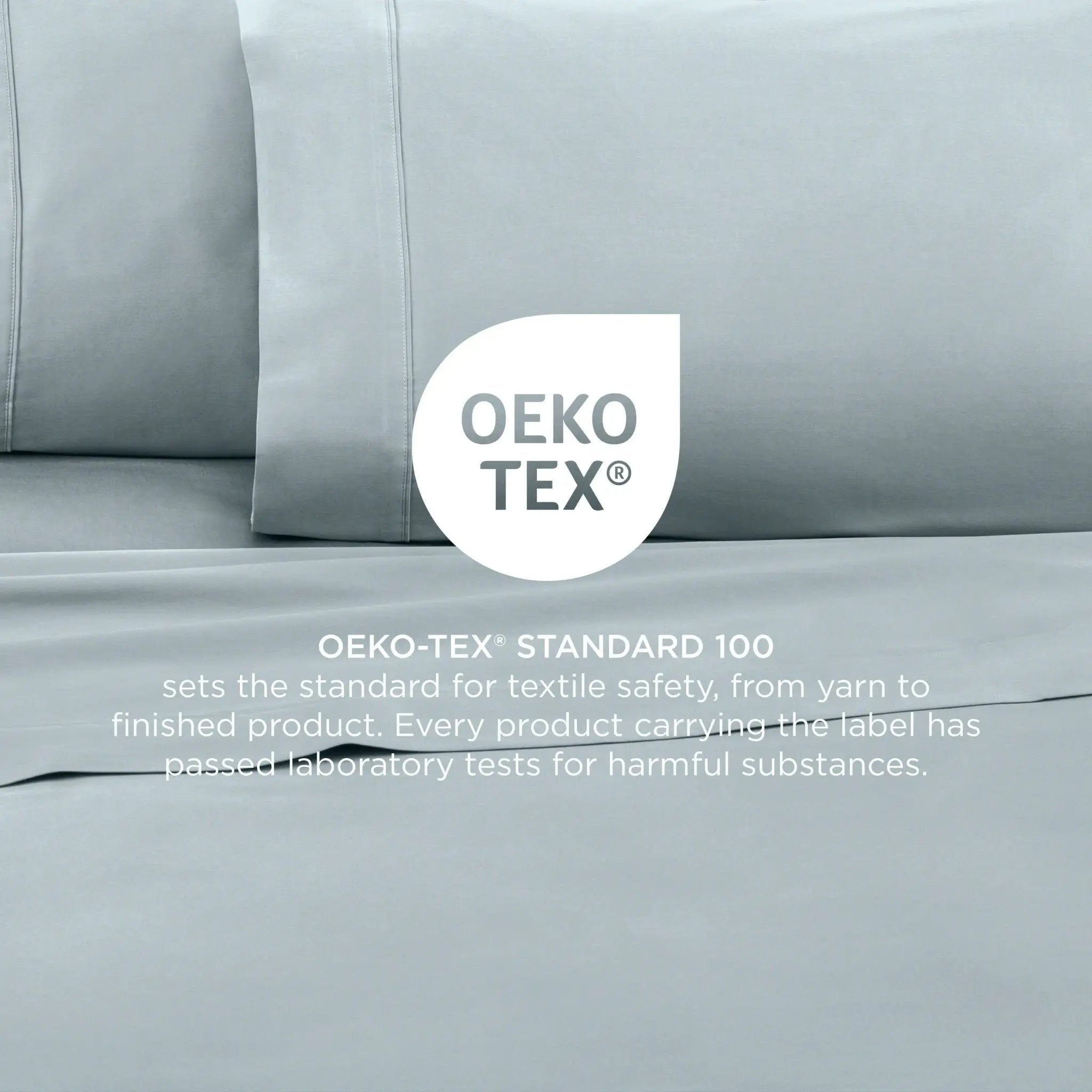 Aqua bedding set with OEKO-TEX label on a neutral background