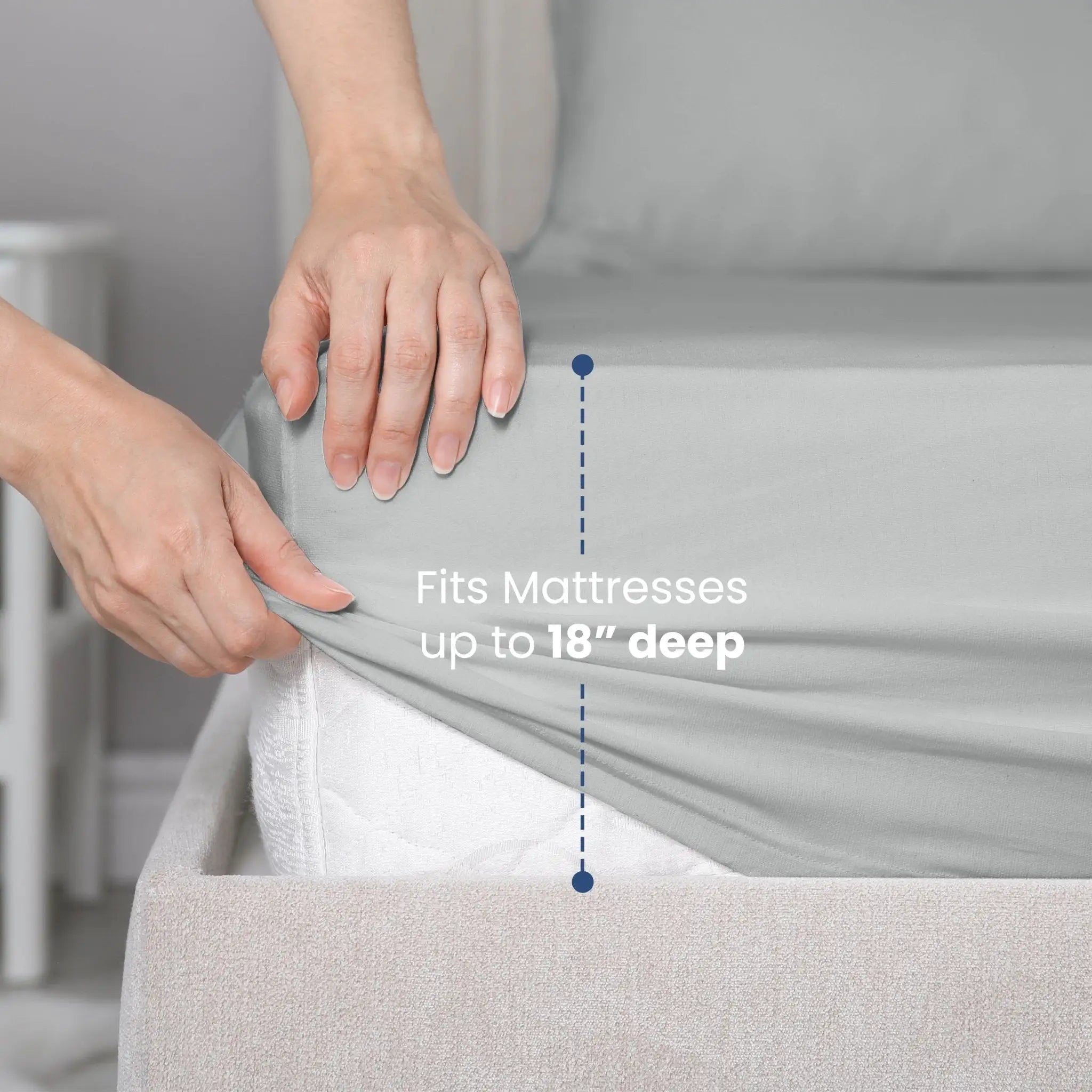 Person adjusting a fitted sheet on a mattress with text indicating it fits mattresses up to 18 inches deep.