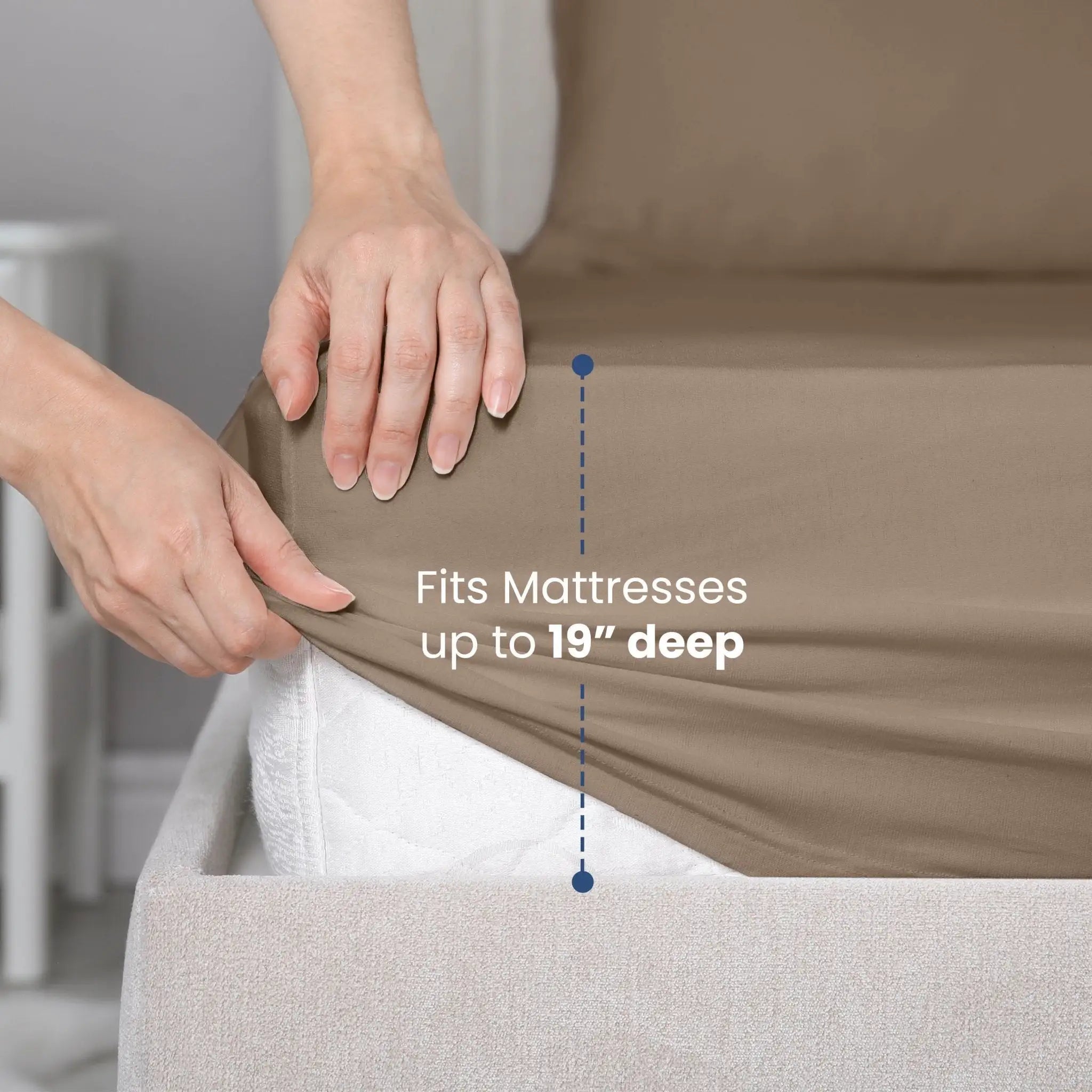 Brown fitted sheet being adjusted on a mattress with text indicating depth compatibility.