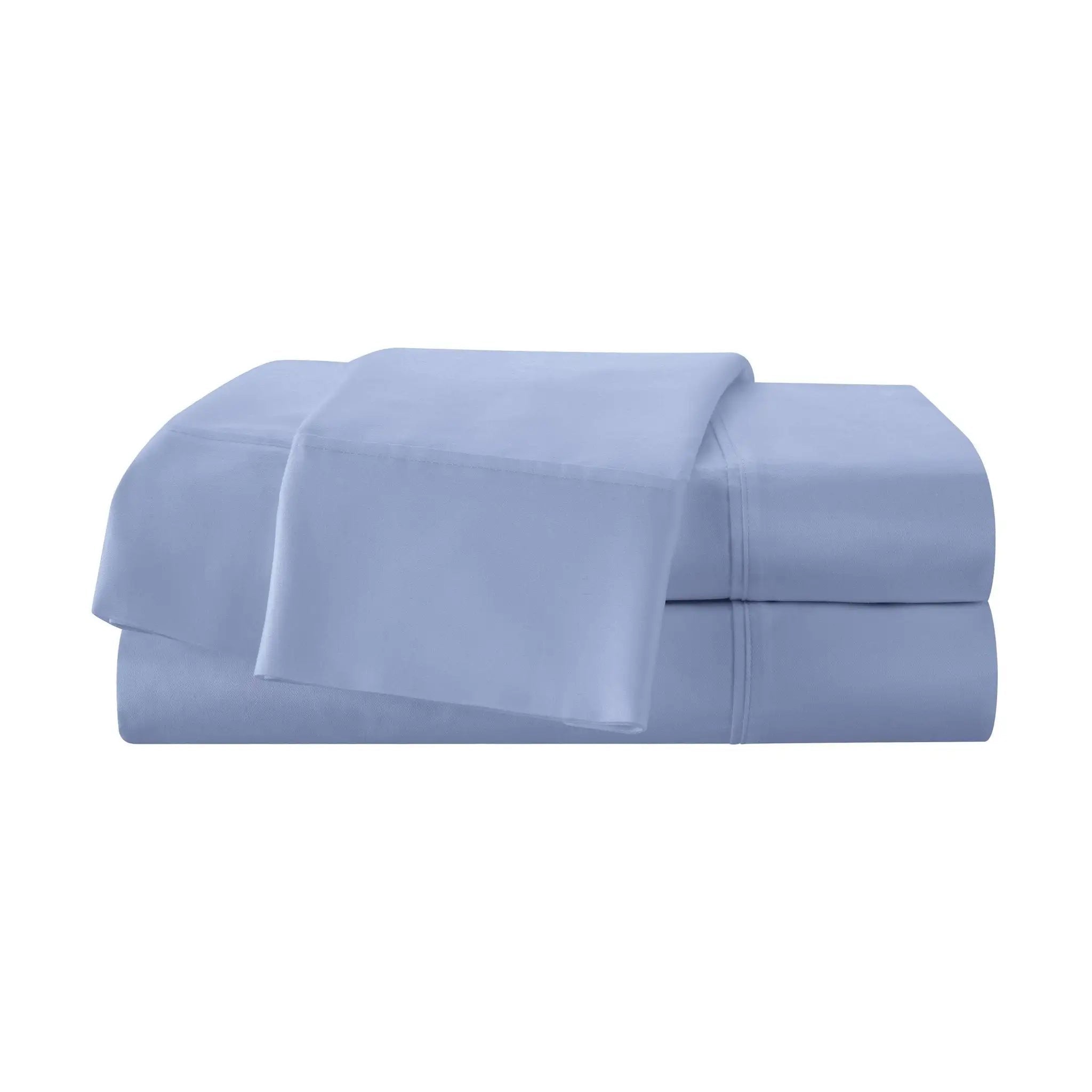A folded stack of light blue bedding, likely a sheet set, shown on a plain white background.