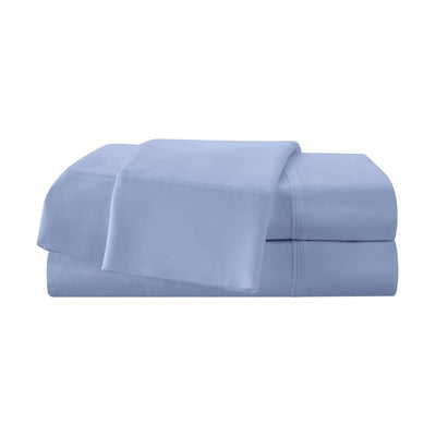 A folded stack of light blue bedding, likely a sheet set, shown on a plain white background.
