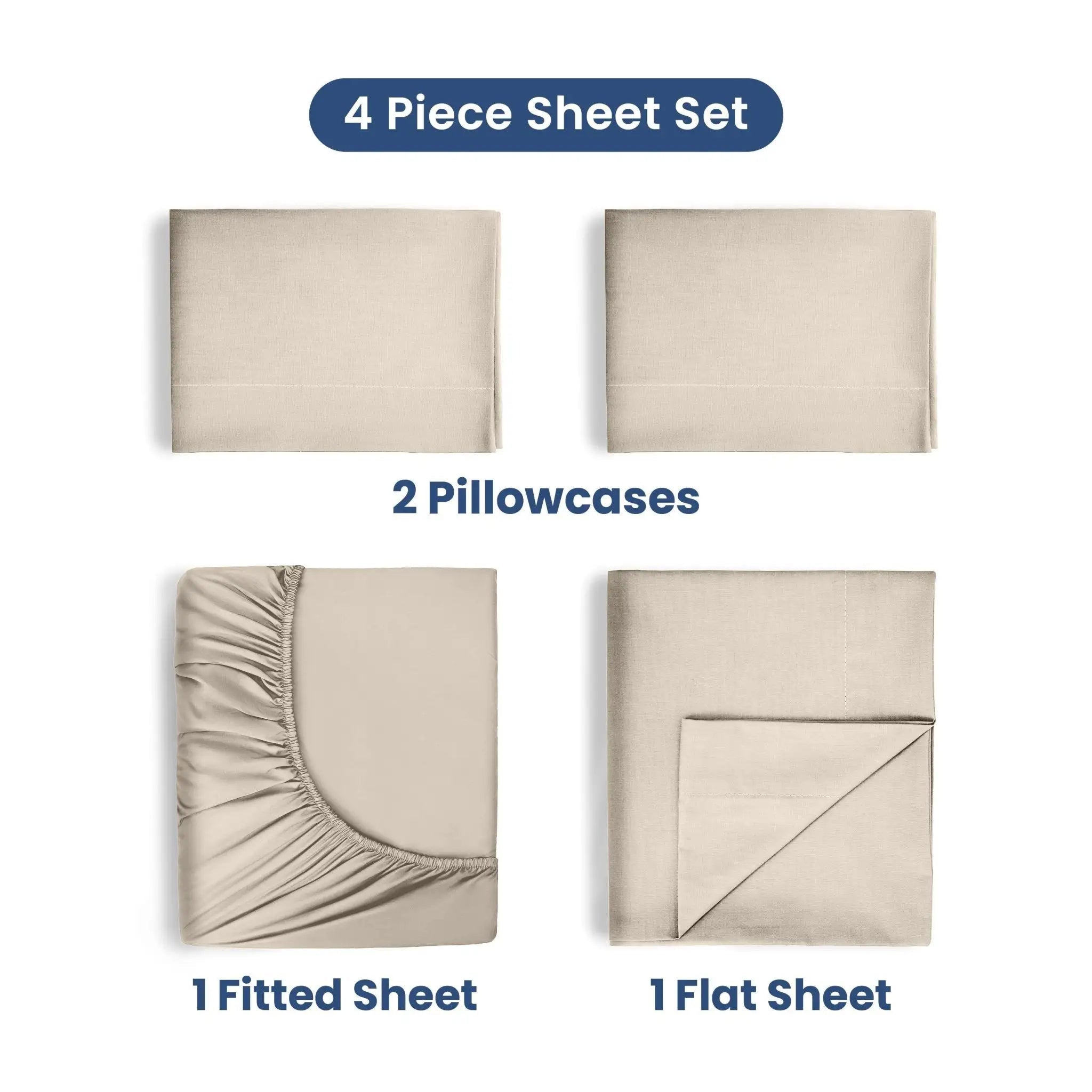 A 4-piece sheet set shown on a white background with text labels: 2 pillowcases and 1 fitted sheet plus 1 flat sheet. The sheets are ivory color.