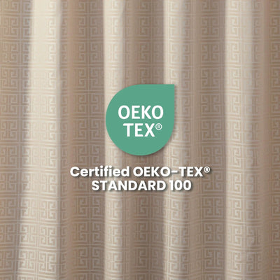Textured fabric background with OEKO-TEX certification logo and text.