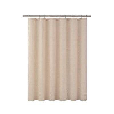 Beige shower curtain with a metal rod on a white background