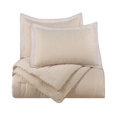 A beige comforter set, displayed on a clean white background.