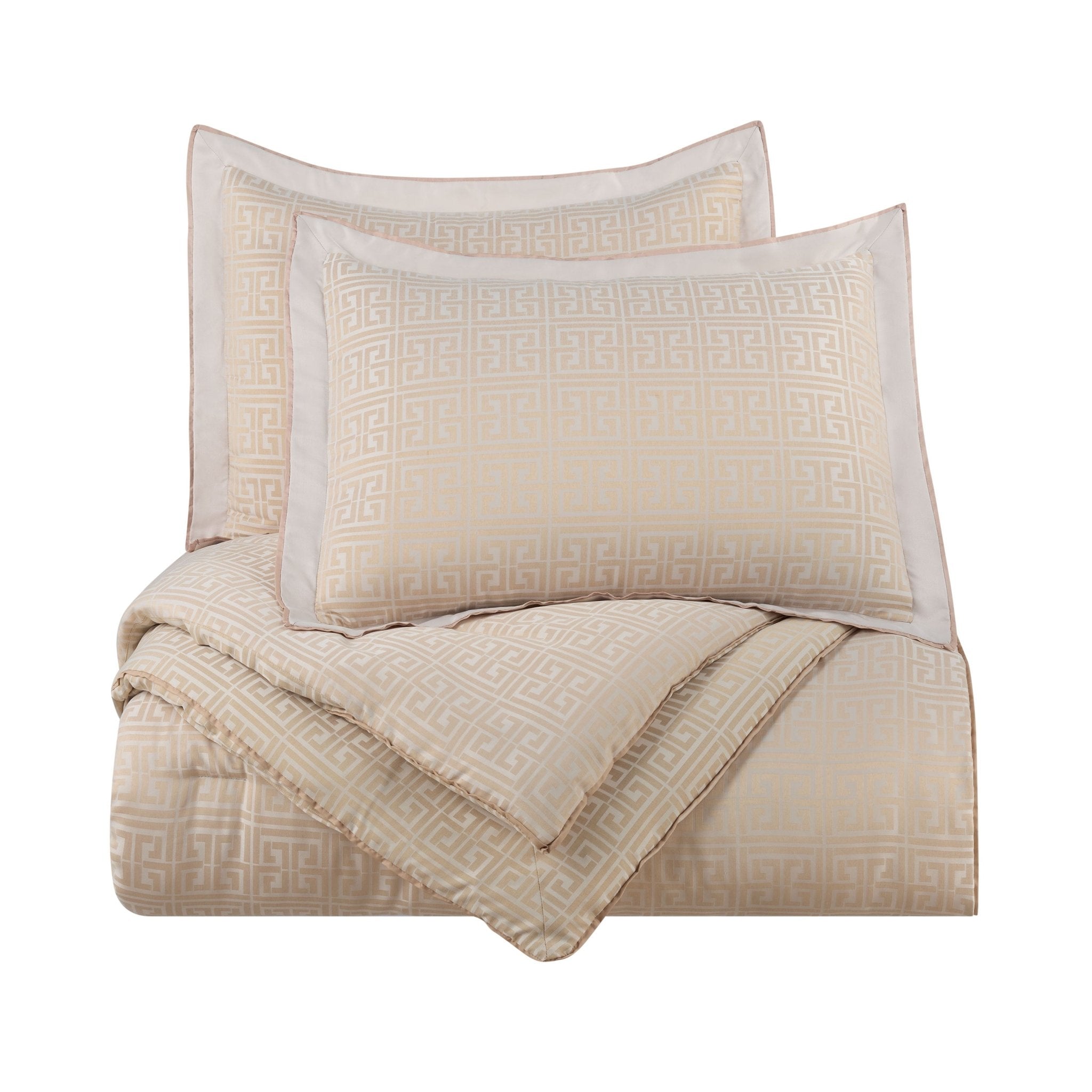Beige patterned comforter set with two pillow shams on a white background