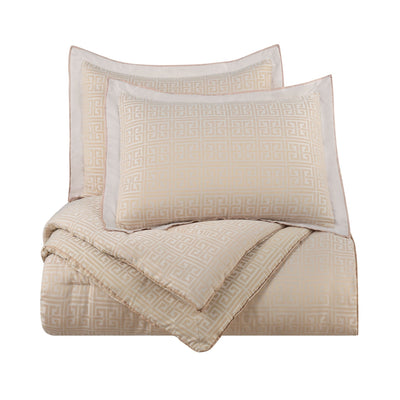 Beige patterned comforter set with two pillow shams on a white background