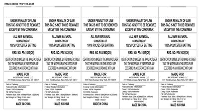 Multiple labels with text and certification details, made for 100% polyester batting, made in China.
