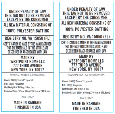 Two identical product labels with text and branding information on a blue background.