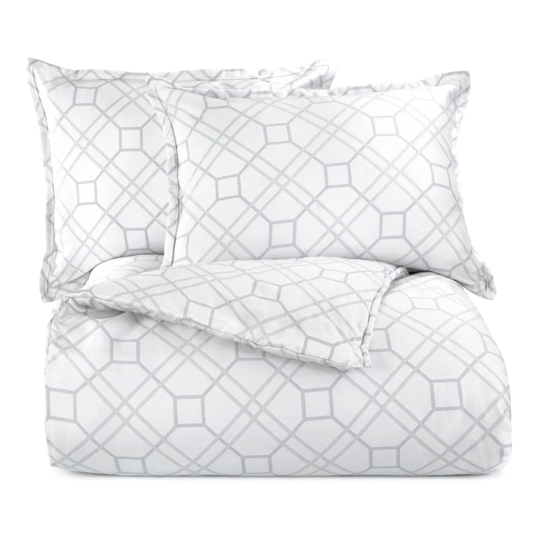 A comforter set featuring a comforter and two matching pillow shams with a light gray geometric trellis pattern on a white background.