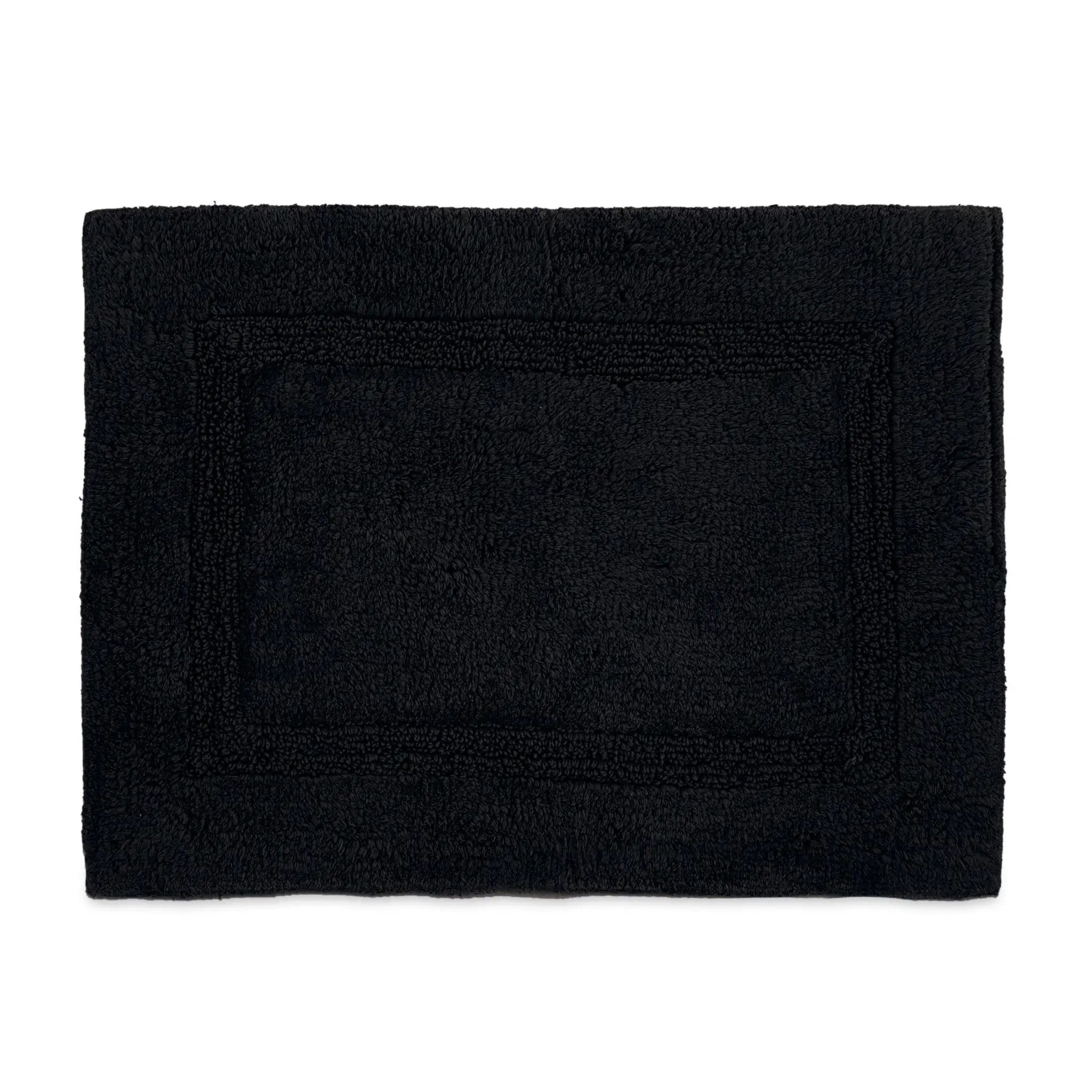 A black rectangular bath rug with a raised border, shown flat against a plain white background.