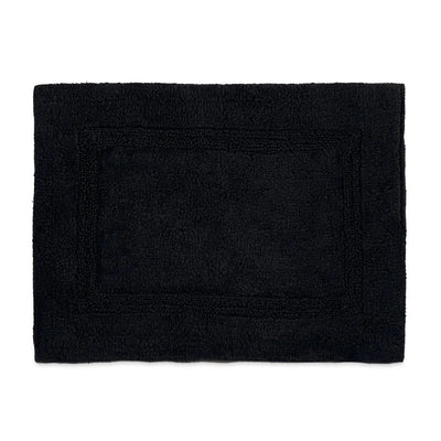 A black rectangular bath rug with a raised border, shown flat against a plain white background.