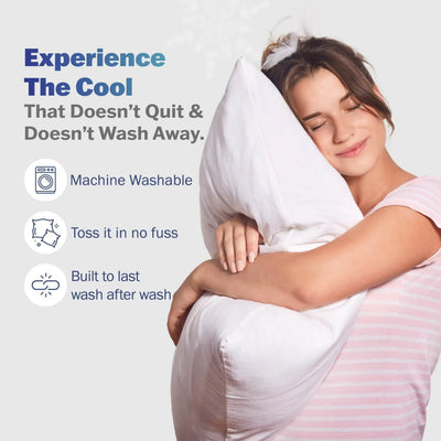 A woman in a pink striped shirt hugs a large white pillow against a light gray background with marketing text that says 'Experience The Cool That Doesn't Quit & Doesn't Wash Away' and lists benefits like machine washable, toss in no fuss, and built to last wash after wash.