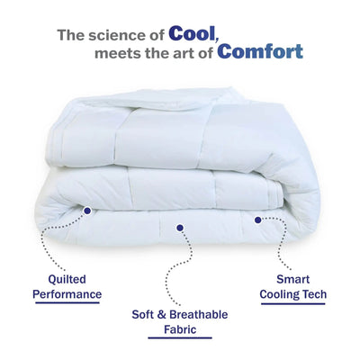 White quilt with text highlighting features on a white background