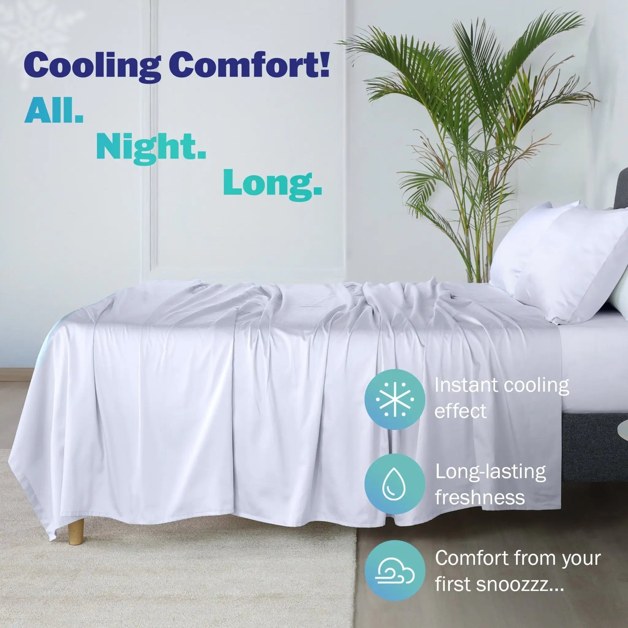 A white cooling sheet spread across a bed in a bright bedroom setting, with pillowcases. Large text reads 'Cooling Comfort! All.