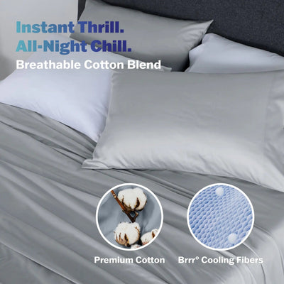 Gray pillowcases on a bed, with text reading 'Instant Thrill. All-Night Chill.
