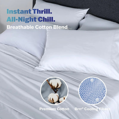 White bedding set on a bed with pillowcases, featuring promotional text 'Instant Thrill. All-Night Chill.
