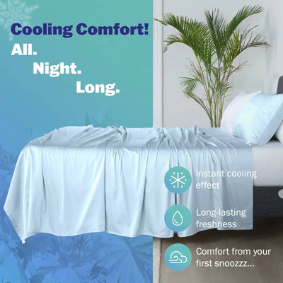 Bed with cooling comfort blanket and text highlighting features